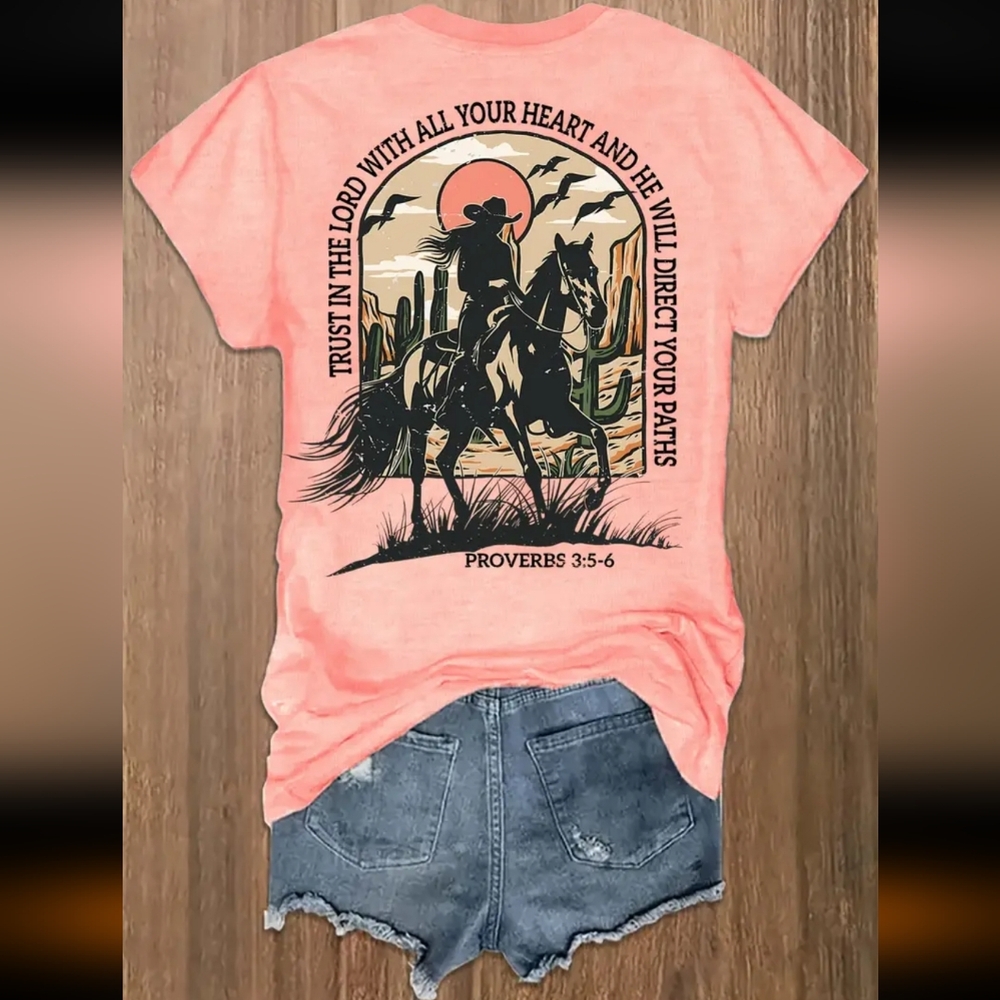 Cowgirl Horse Graphic Tee - Coral Pink